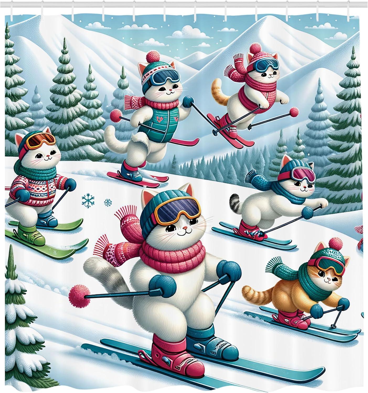 imageAmbesonne Cat Shower Curtain Winter Themed Cartoon of Skiing Kitty Friends Snowy Mountain Pine Trees Cloth Fabric Bathroom Decor Set with Hooks 69 W x 70 L Pale Blue Raspberry White