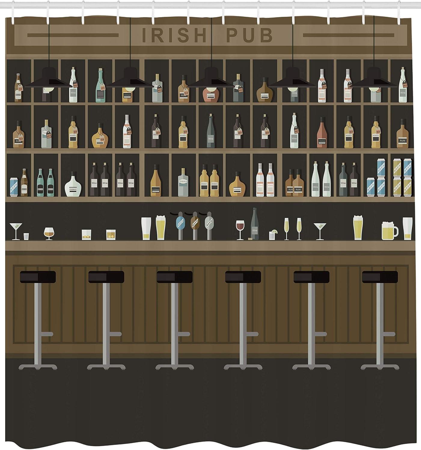 imageAmbesonne Irish Pub Shower Curtain Cartoon Illustration of Bar Restaurant with Stools Bottles and Cocktails Cloth Fabric Bathroom Decor Set with Hooks 69 W x 70 L Taupe Brown