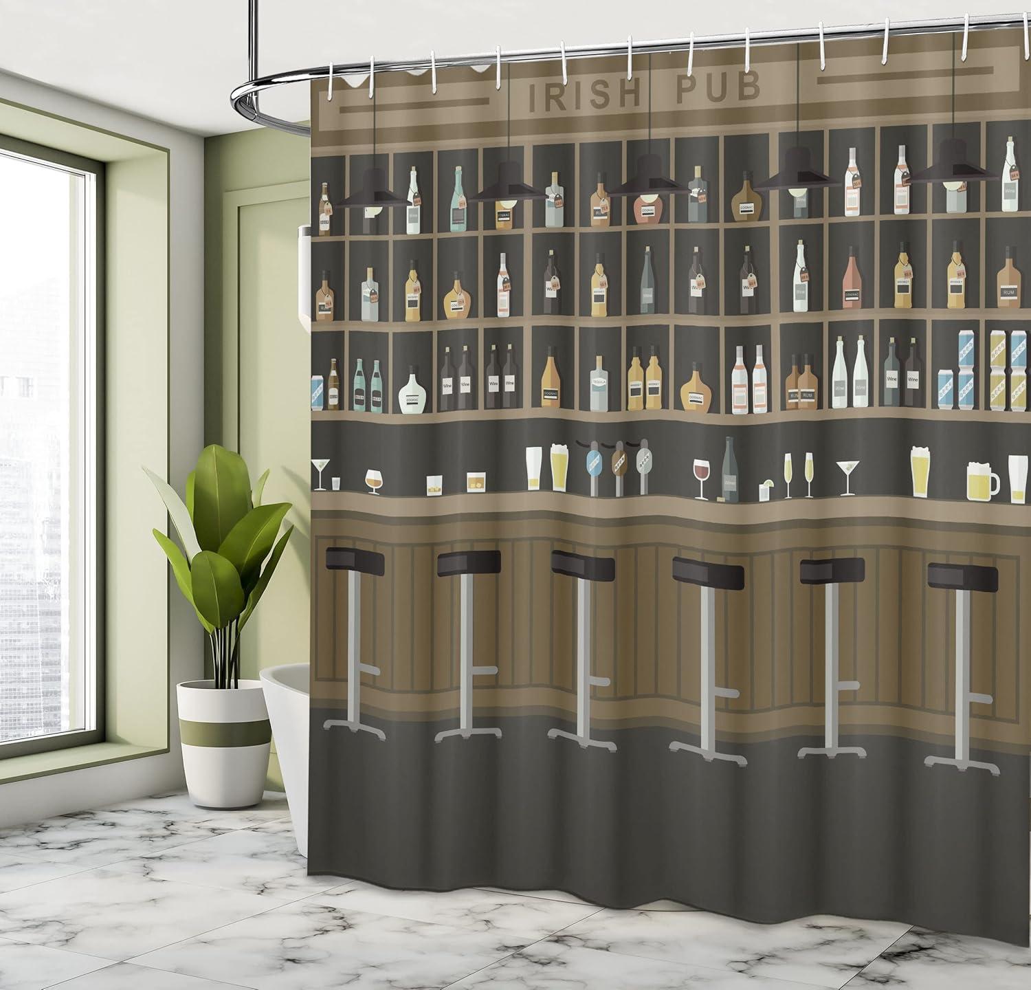imageAmbesonne Irish Pub Shower Curtain Cartoon Illustration of Bar Restaurant with Stools Bottles and Cocktails Cloth Fabric Bathroom Decor Set with Hooks 69 W x 70 L Taupe Brown