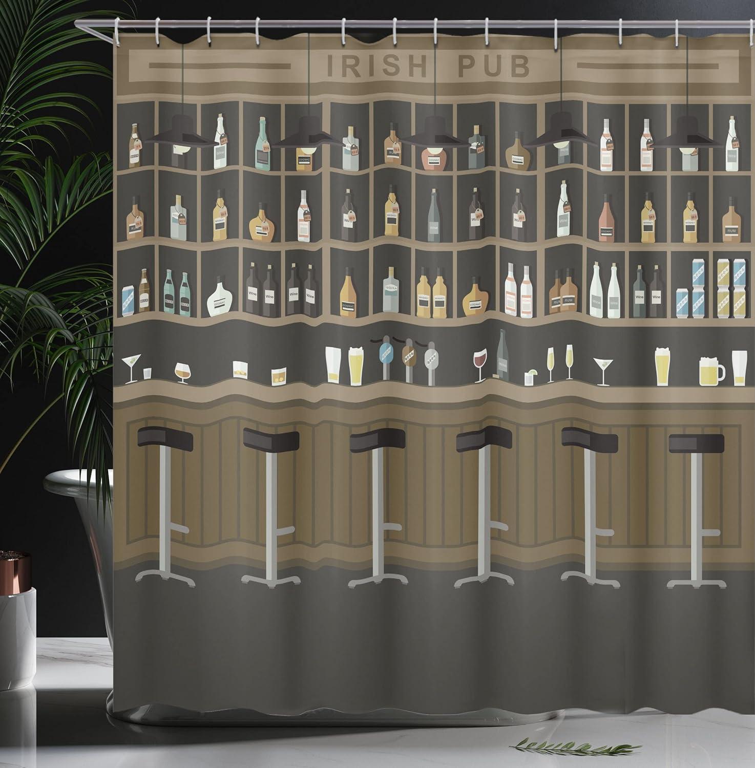 imageAmbesonne Irish Pub Shower Curtain Cartoon Illustration of Bar Restaurant with Stools Bottles and Cocktails Cloth Fabric Bathroom Decor Set with Hooks 69 W x 70 L Taupe Brown