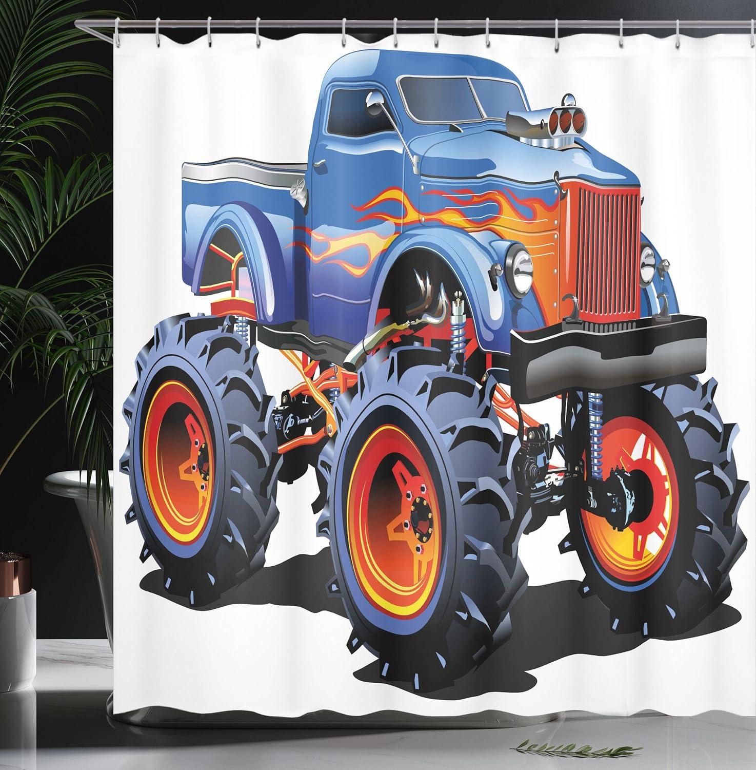 imageAmbesonne Man Cave Shower Curtain Cartoon Monster Truck Illustration on Plain Backdrop Classic Adventure Car Auto Cloth Fabric Bathroom Decor Set with Hooks 69 W x 75 L Multicolor