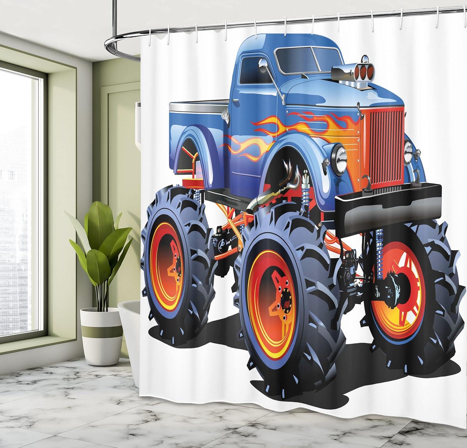 imageAmbesonne Man Cave Shower Curtain Cartoon Monster Truck Illustration on Plain Backdrop Classic Adventure Car Auto Cloth Fabric Bathroom Decor Set with Hooks 69 W x 75 L Multicolor