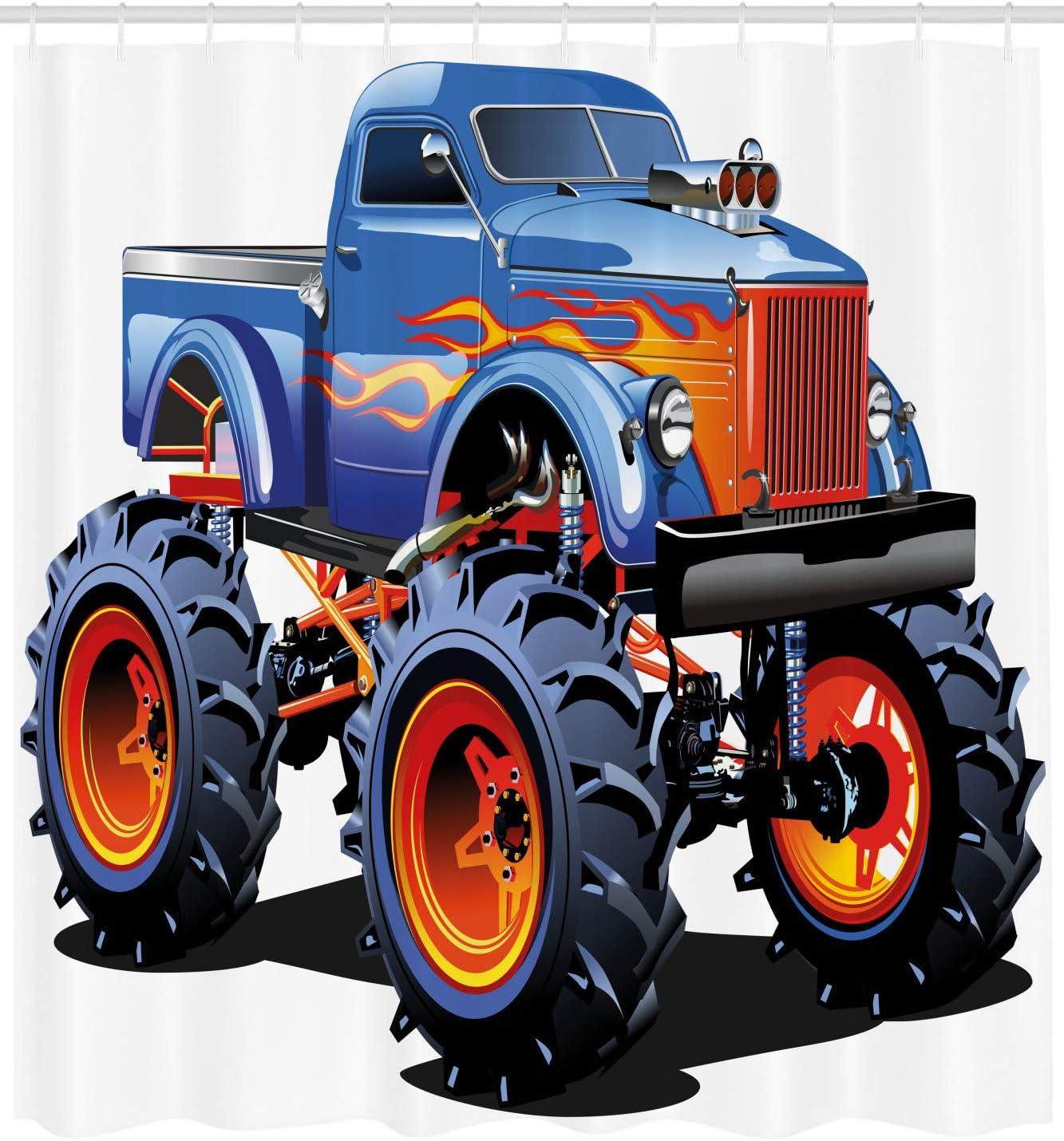 imageAmbesonne Man Cave Shower Curtain Cartoon Monster Truck Illustration on Plain Backdrop Classic Adventure Car Auto Cloth Fabric Bathroom Decor Set with Hooks 69 W x 75 L Multicolor