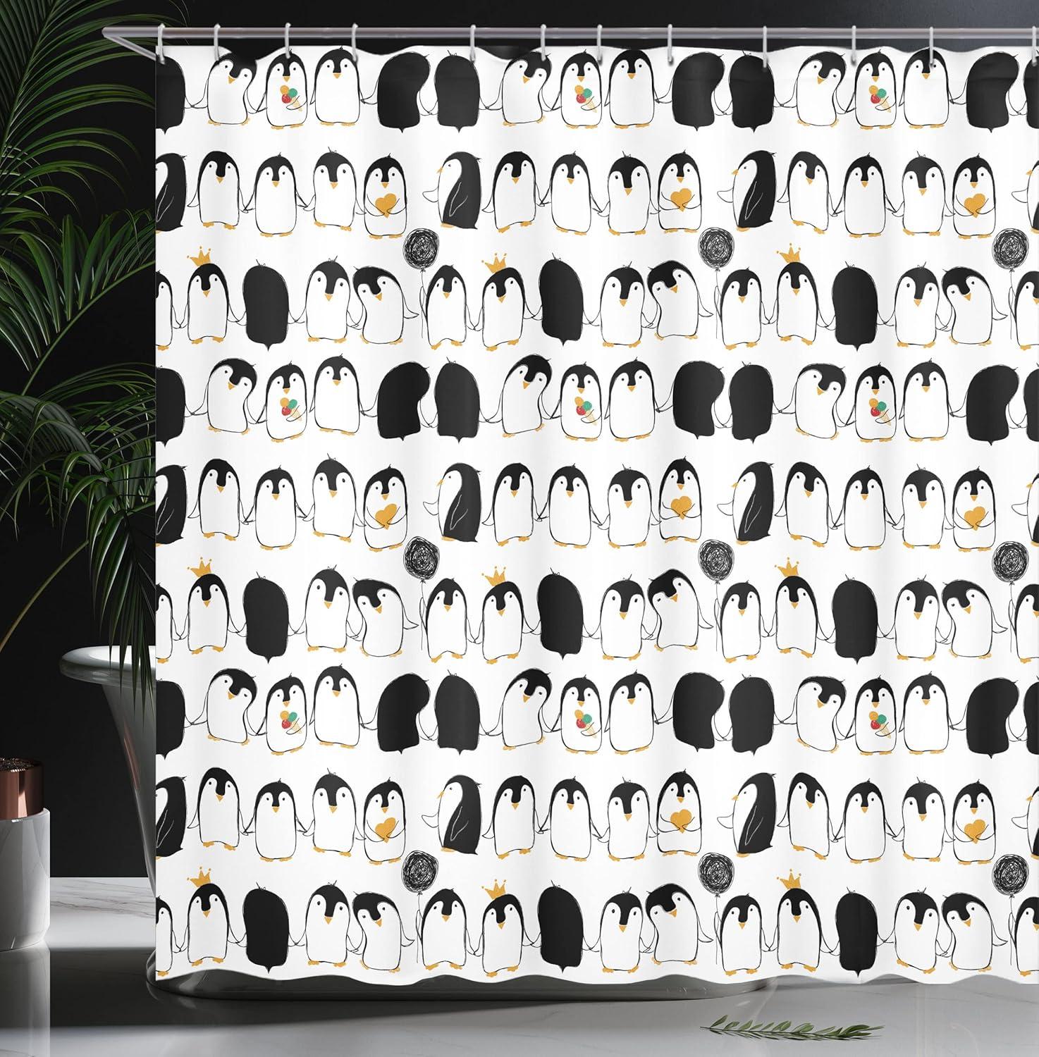 imageAmbesonne Penguins Shower Curtain Themed Cartoon Arctic Animals Holding Hands Cloth Fabric Bathroom Decor Set with Hooks 69 W x 70 L Charcoal Grey Marigold