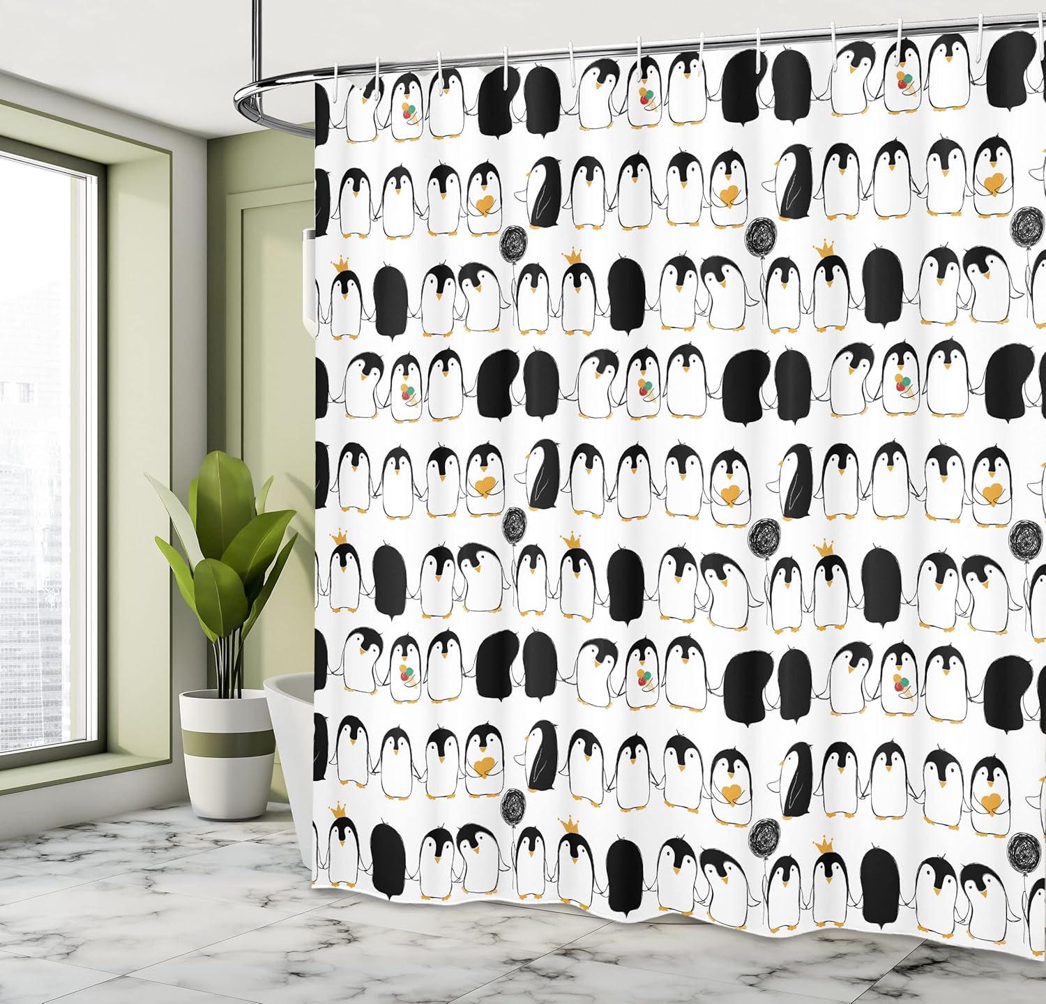 imageAmbesonne Penguins Shower Curtain Themed Cartoon Arctic Animals Holding Hands Cloth Fabric Bathroom Decor Set with Hooks 69 W x 70 L Charcoal Grey Marigold