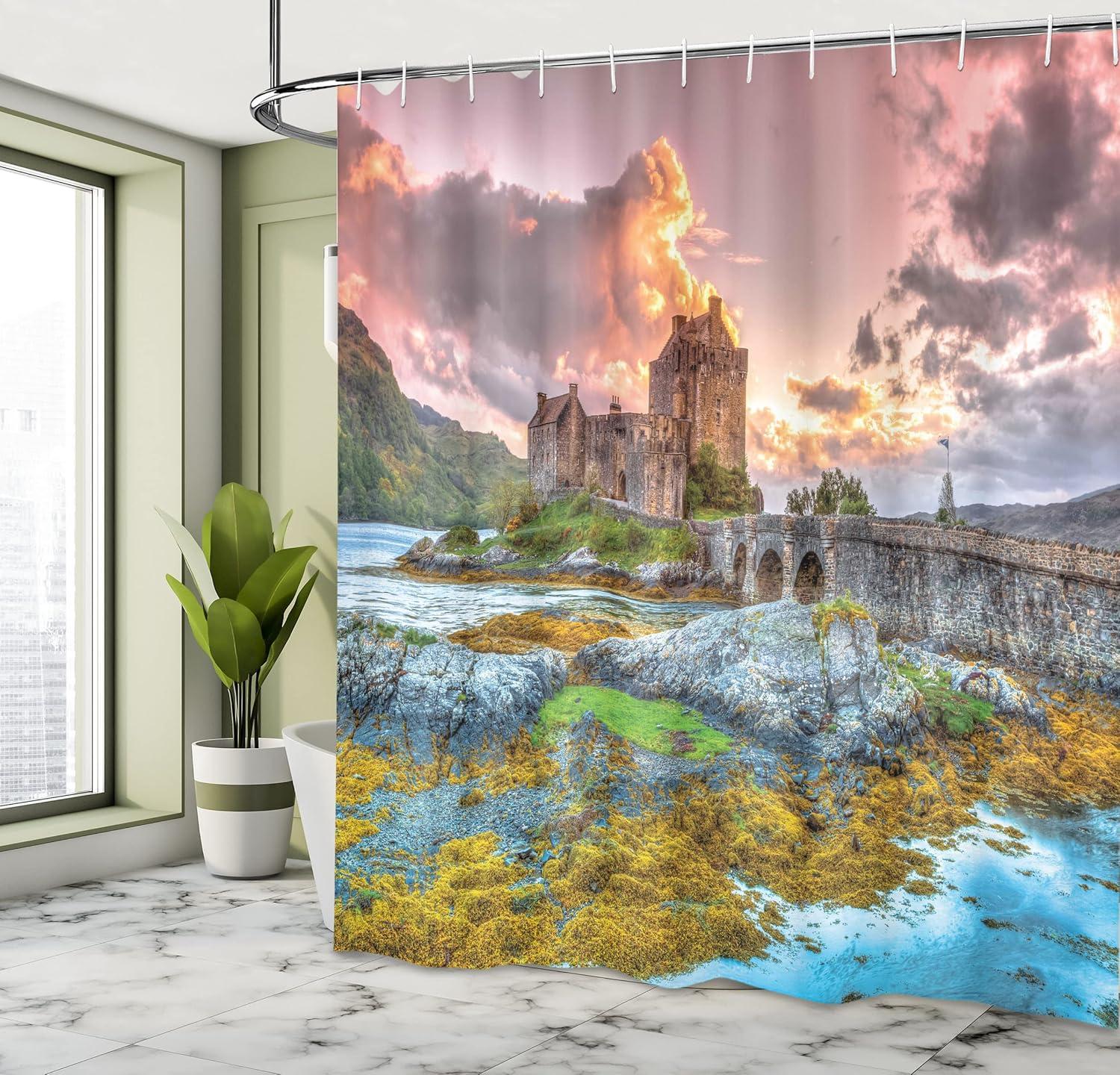 imageAmbesonne Scenery Shower Curtain Dreamy Times Middle Age Inspired Cartoon Castle Near Lake Stones Moss Cloth Fabric Bathroom Decor Set with Hooks 69 W x 75 L Multicolor Earth Yellow