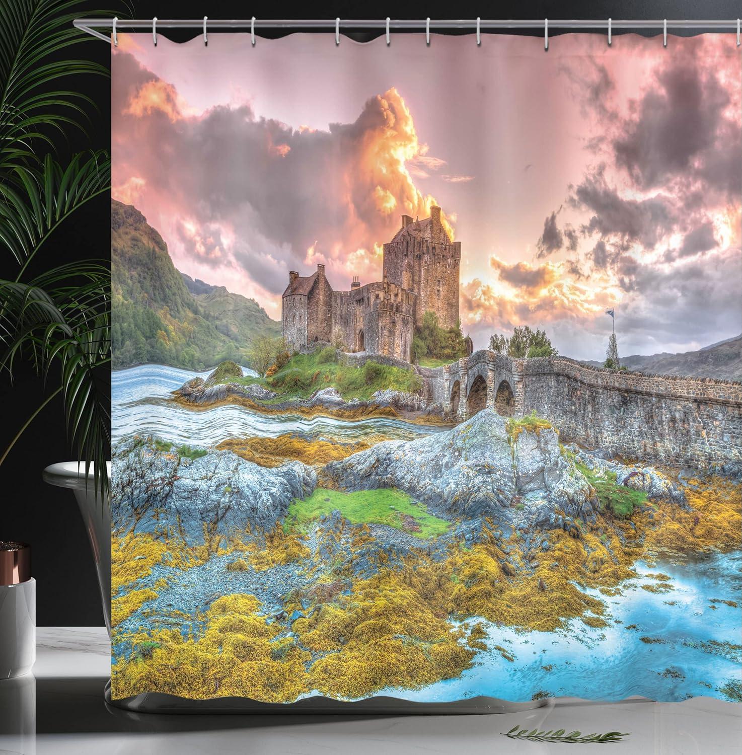 imageAmbesonne Scenery Shower Curtain Dreamy Times Middle Age Inspired Cartoon Castle Near Lake Stones Moss Cloth Fabric Bathroom Decor Set with Hooks 69 W x 75 L Multicolor Earth Yellow