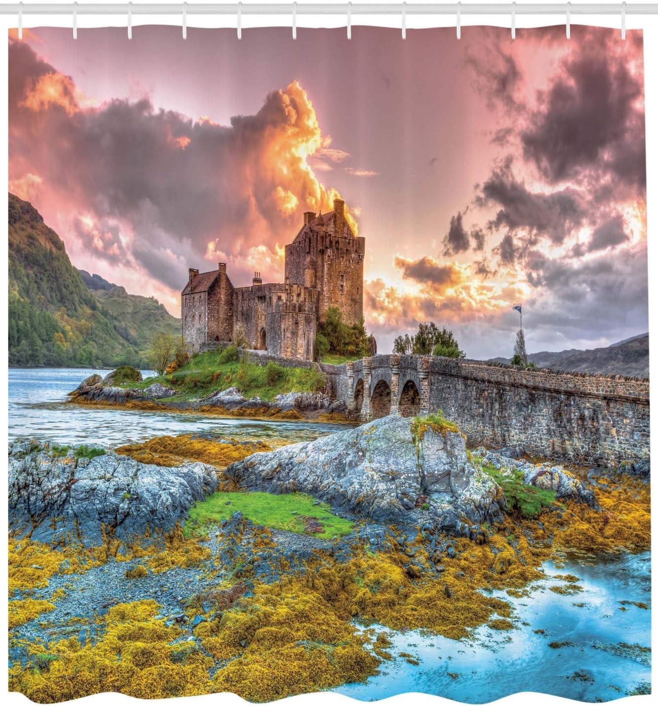 imageAmbesonne Scenery Shower Curtain Dreamy Times Middle Age Inspired Cartoon Castle Near Lake Stones Moss Cloth Fabric Bathroom Decor Set with Hooks 69 W x 75 L Multicolor Earth Yellow