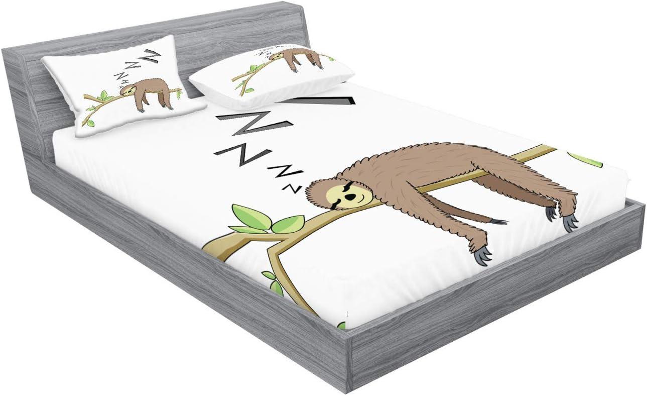 imageAmbesonne Sloth Fitted Sheet amp Pillow Sham Set Cartoon Character Sleeping on Branch Jungle Animal in Night Sky Kids Theme Decorative Printed 2 Piece Bedding Decor Set Twin Plum BrownGrey Green Brown