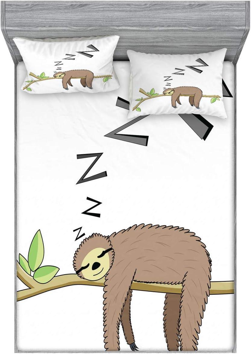 imageAmbesonne Sloth Fitted Sheet amp Pillow Sham Set Cartoon Character Sleeping on Branch Jungle Animal in Night Sky Kids Theme Decorative Printed 2 Piece Bedding Decor Set Twin Plum BrownGrey Green Brown