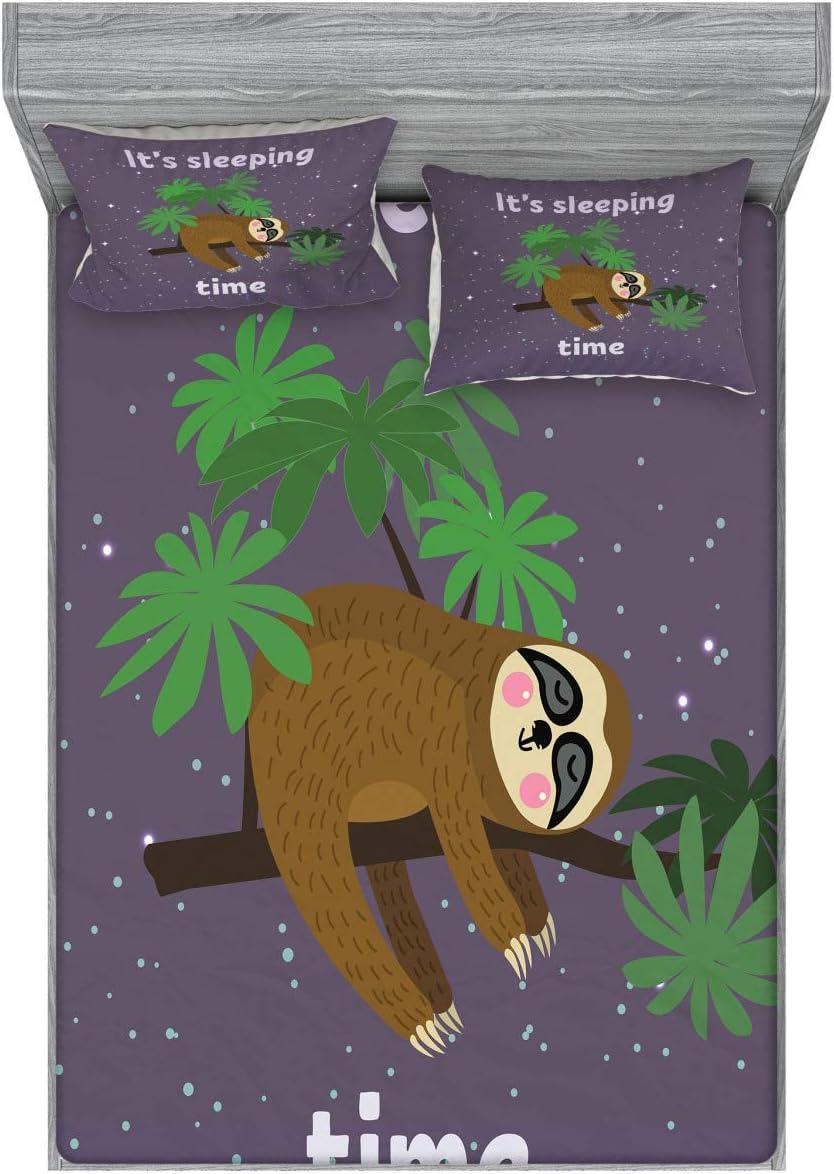 imageAmbesonne Sloth Fitted Sheet amp Pillow Sham Set Cartoon Character Sleeping on Branch Jungle Animal in Night Sky Kids Theme Decorative Printed 2 Piece Bedding Decor Set Twin Plum BrownPlum Brown