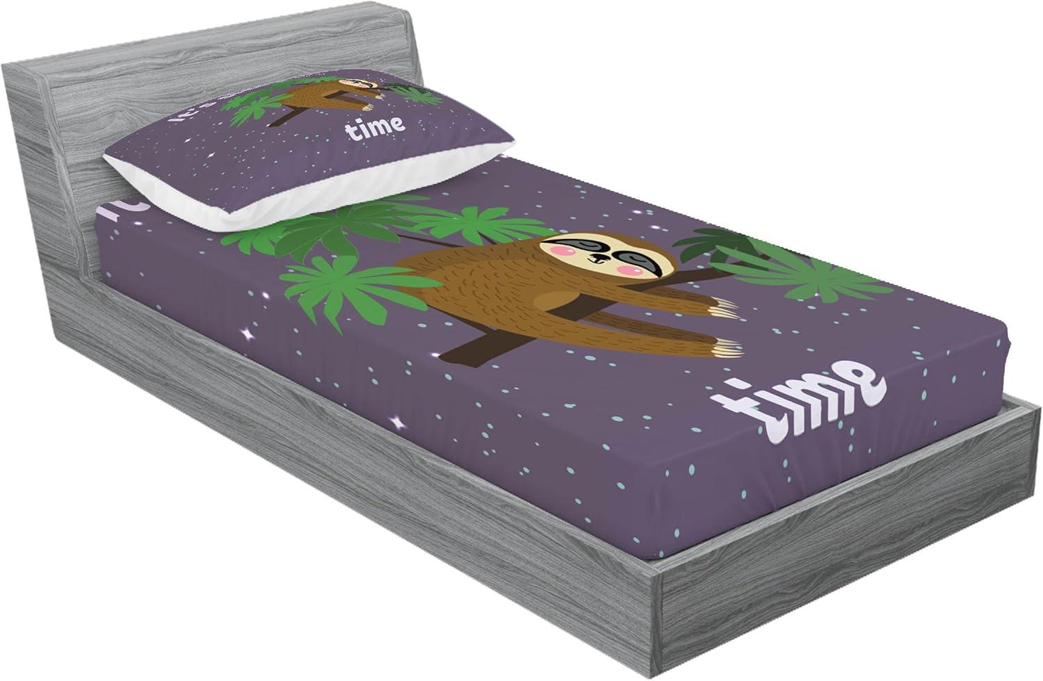 imageAmbesonne Sloth Fitted Sheet amp Pillow Sham Set Cartoon Character Sleeping on Branch Jungle Animal in Night Sky Kids Theme Decorative Printed 2 Piece Bedding Decor Set Twin Plum BrownPlum Brown