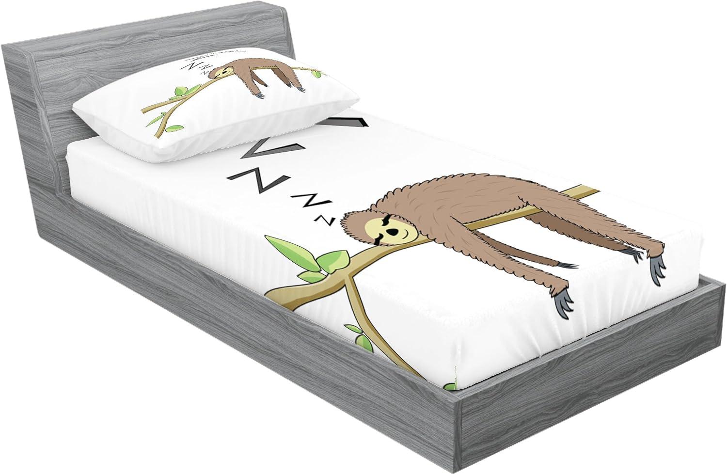 imageAmbesonne Sloth Fitted Sheet amp Pillow Sham Set Cartoon Character Sleeping on Branch Jungle Animal in Night Sky Kids Theme Decorative Printed 2 Piece Bedding Decor Set Twin Plum BrownGrey Green Brown