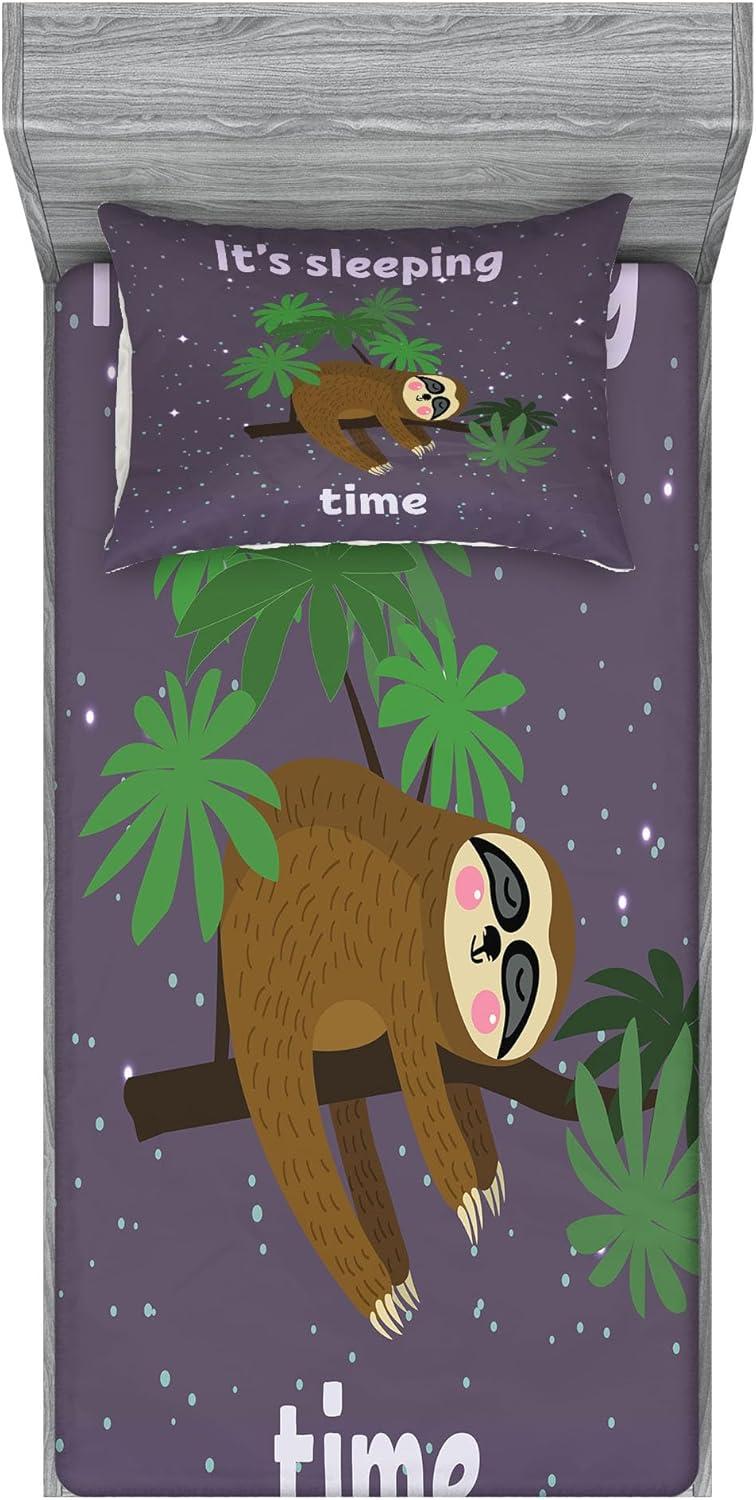 imageAmbesonne Sloth Fitted Sheet amp Pillow Sham Set Cartoon Character Sleeping on Branch Jungle Animal in Night Sky Kids Theme Decorative Printed 2 Piece Bedding Decor Set Twin Plum BrownPlum Brown