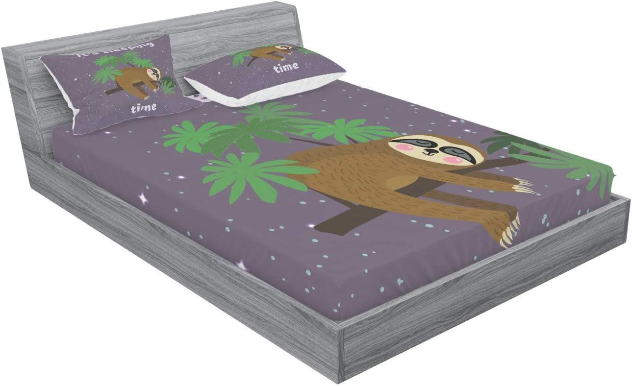 imageAmbesonne Sloth Fitted Sheet amp Pillow Sham Set Cartoon Character Sleeping on Branch Jungle Animal in Night Sky Kids Theme Decorative Printed 2 Piece Bedding Decor Set Twin Plum BrownPlum Brown