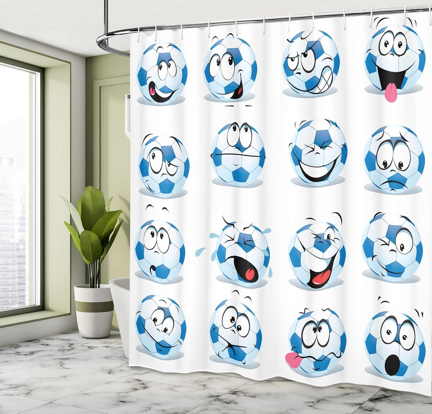 imageAmbesonne Sports Shower Curtain Cartoon Soccer Balls Showing Various Expressions Bored Laughing Happy Smiley Cloth Fabric Bathroom Decor Set with Hooks 69 W x 75 L White BlackWhite Black