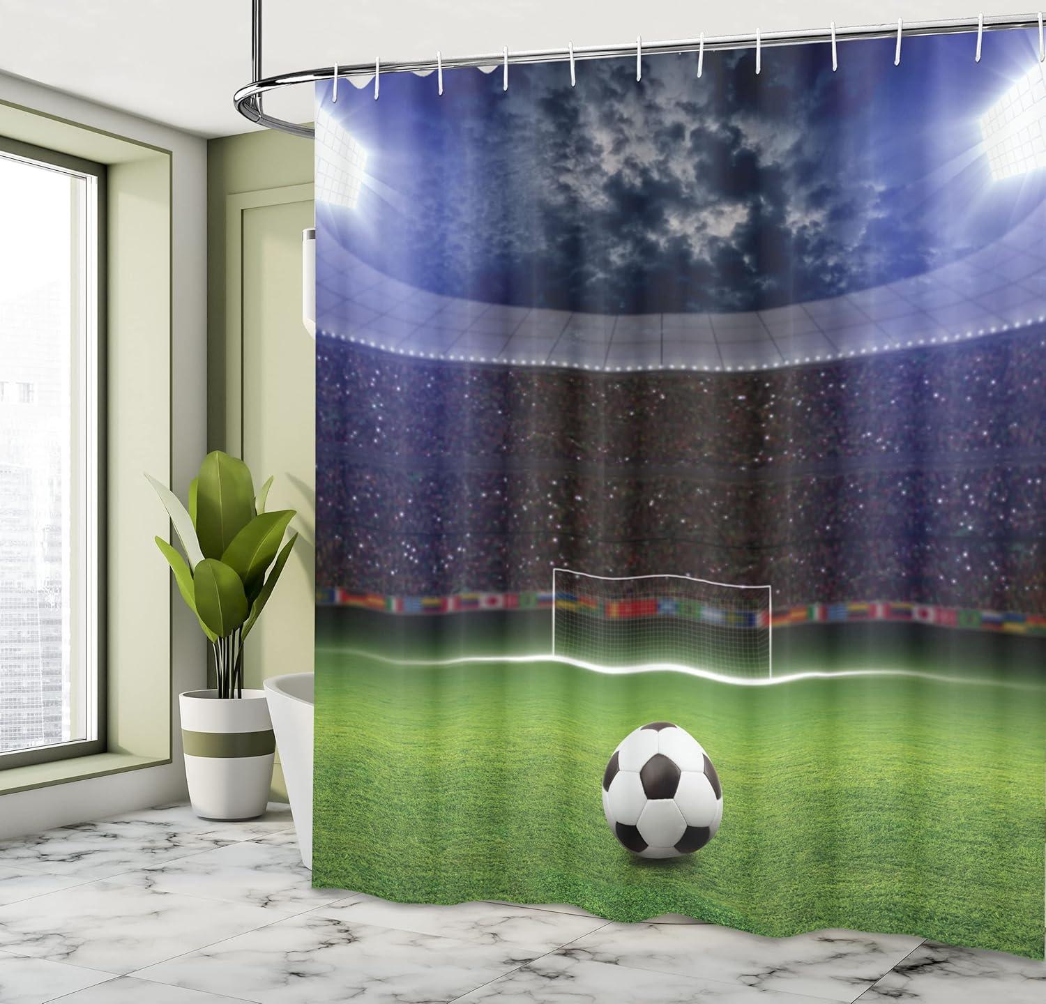 imageAmbesonne Sports Shower Curtain Cartoon Soccer Balls Showing Various Expressions Bored Laughing Happy Smiley Cloth Fabric Bathroom Decor Set with Hooks 69 W x 75 L White BlackNavy Blue Green
