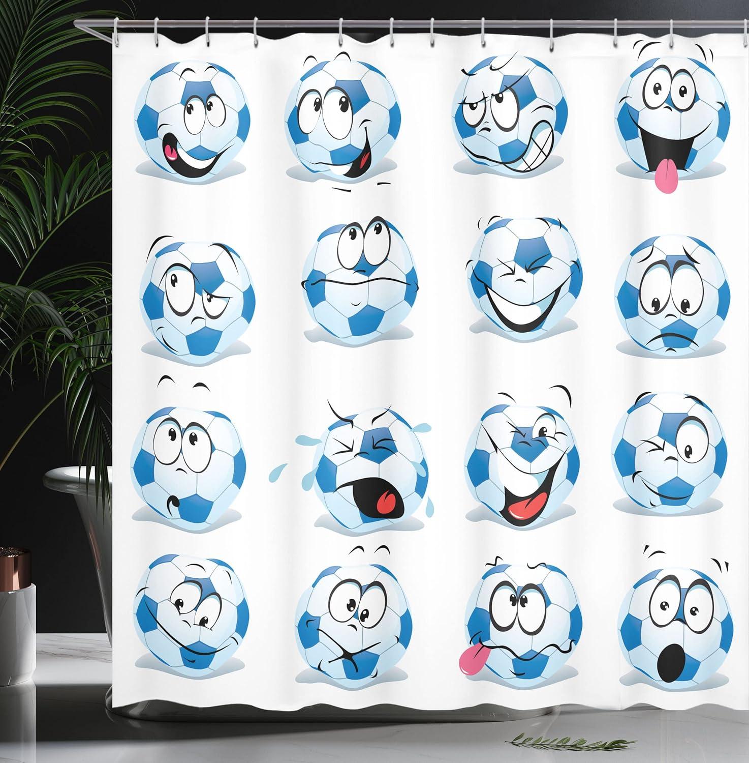 imageAmbesonne Sports Shower Curtain Cartoon Soccer Balls Showing Various Expressions Bored Laughing Happy Smiley Cloth Fabric Bathroom Decor Set with Hooks 69 W x 75 L White BlackWhite Black