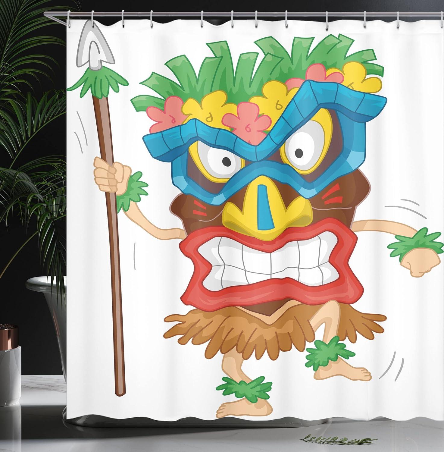 imageAmbesonne Tiki Bar Shower Curtain Native Man Wearing a Illustration Cartoon Tribal Costume Prehistoric Cloth Fabric Bathroom Decor Set with Hooks 69 W x 70 L Brown Blue Green