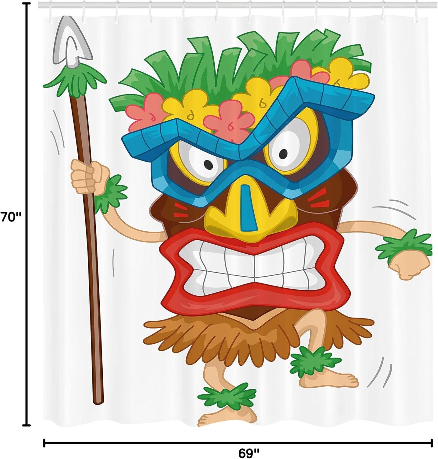 imageAmbesonne Tiki Bar Shower Curtain Native Man Wearing a Illustration Cartoon Tribal Costume Prehistoric Cloth Fabric Bathroom Decor Set with Hooks 69 W x 70 L Brown Blue Green