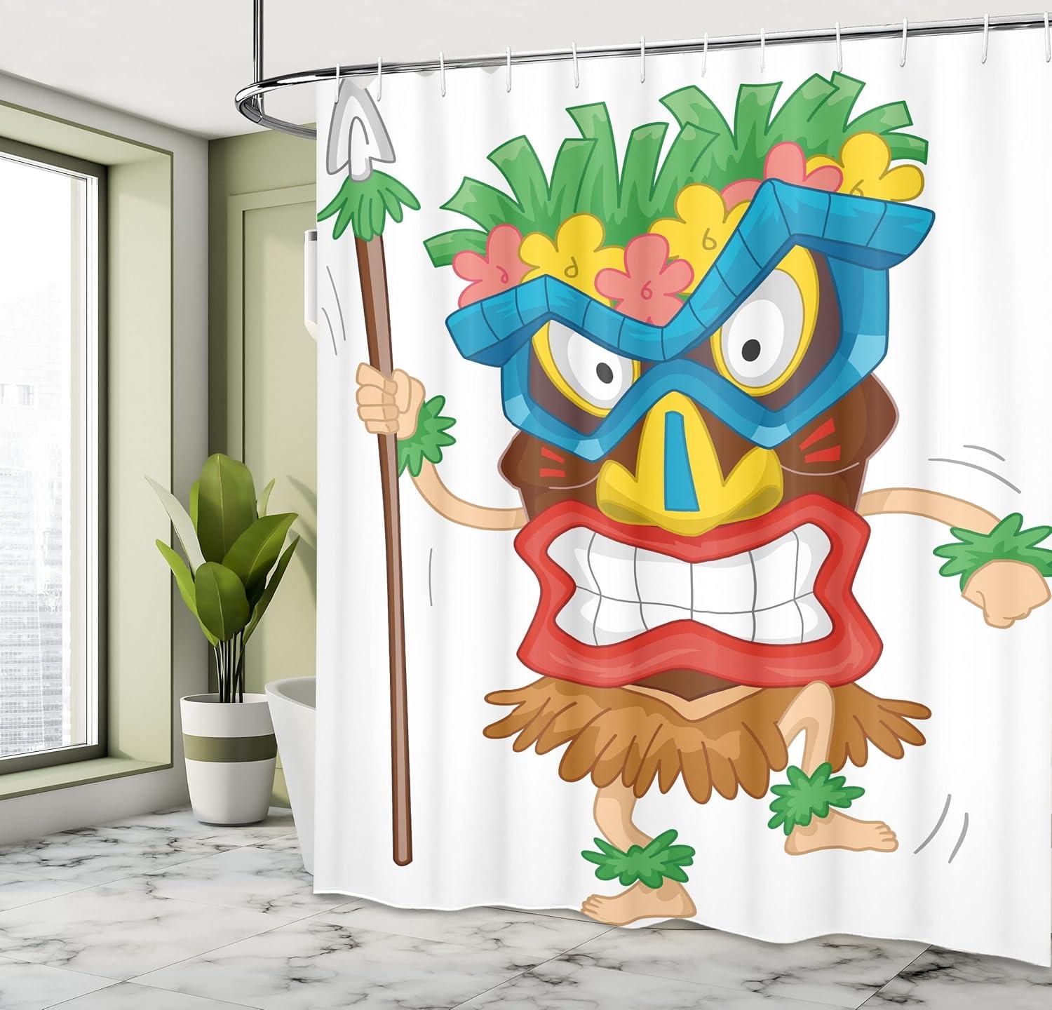 imageAmbesonne Tiki Bar Shower Curtain Native Man Wearing a Illustration Cartoon Tribal Costume Prehistoric Cloth Fabric Bathroom Decor Set with Hooks 69 W x 70 L Brown Blue Green
