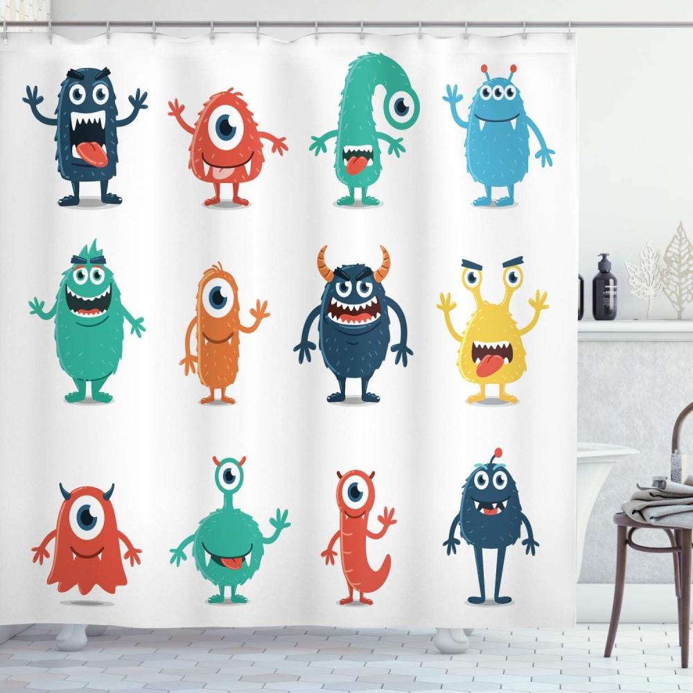 imageAmbesonne Alien Shower Curtain Monsters Funny Silly Faces Cartoon Cloth Fabric Bathroom Decor Set with Hooks 69 W x 70 L Dark Seafoam Dark Salmon Deep Sky Blue and Pale Vermilion