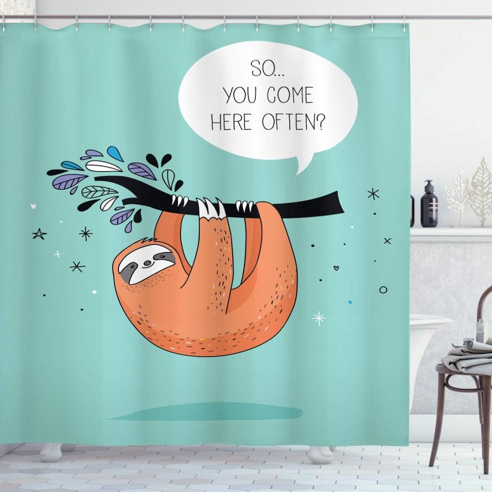 imageAmbesonne Animal Shower Curtain Cartoon Design Print Sloth a Flirty Words So You Come Here Often Color Image Cloth Fabric Bathroom Decor Set with Hooks 69 W x 75 L Seafoam Multicolor