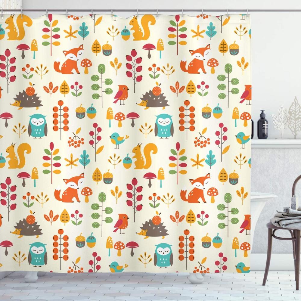 imageAmbesonne Cartoon Shower Curtain Autumn Pattern Owl Fox Squirrel Birds Animal Leaves Print Cloth Fabric Bathroom Decor Set with Hooks 69 W x 75 L Cream Multicolor