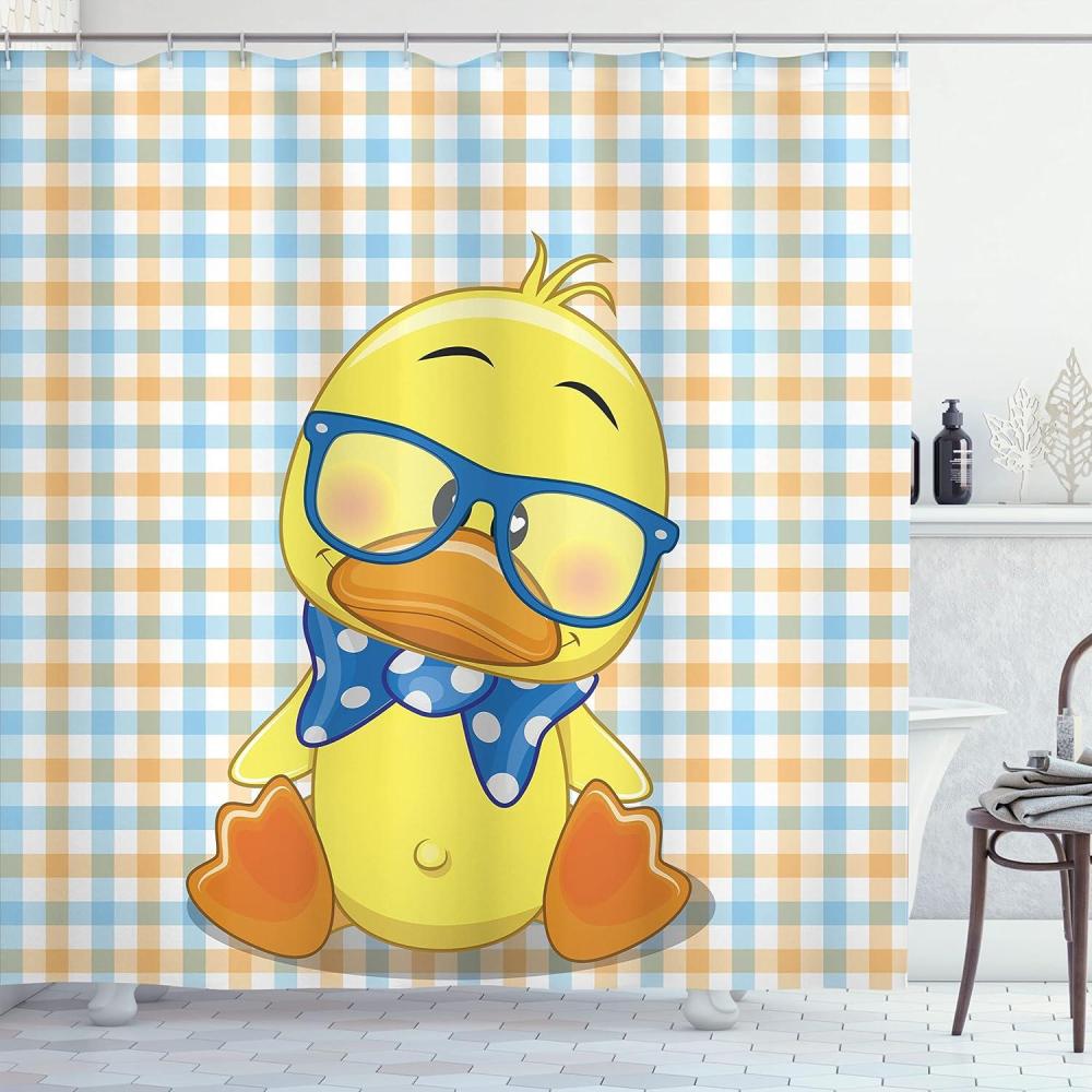 imageAmbesonne Cartoon Shower Curtain Hipster Boho Duck Dotted Bow Cool Free Smart Geese Design Cloth Fabric Bathroom Decor Set with Hooks 69 W x 70 L Orange Yellow Blue