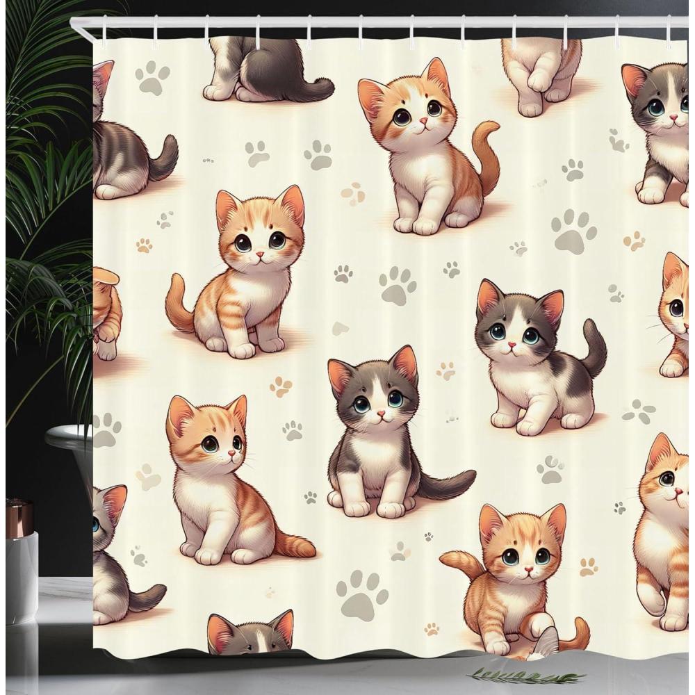 imageAmbesonne Cat Shower Curtain Little Fun Kittens Cartoon Animal Characters with Muted Colored Paws Cloth Fabric Bathroom Decor Set with Hooks 69 W x 70 L Ivory Apricot and Dark Grey