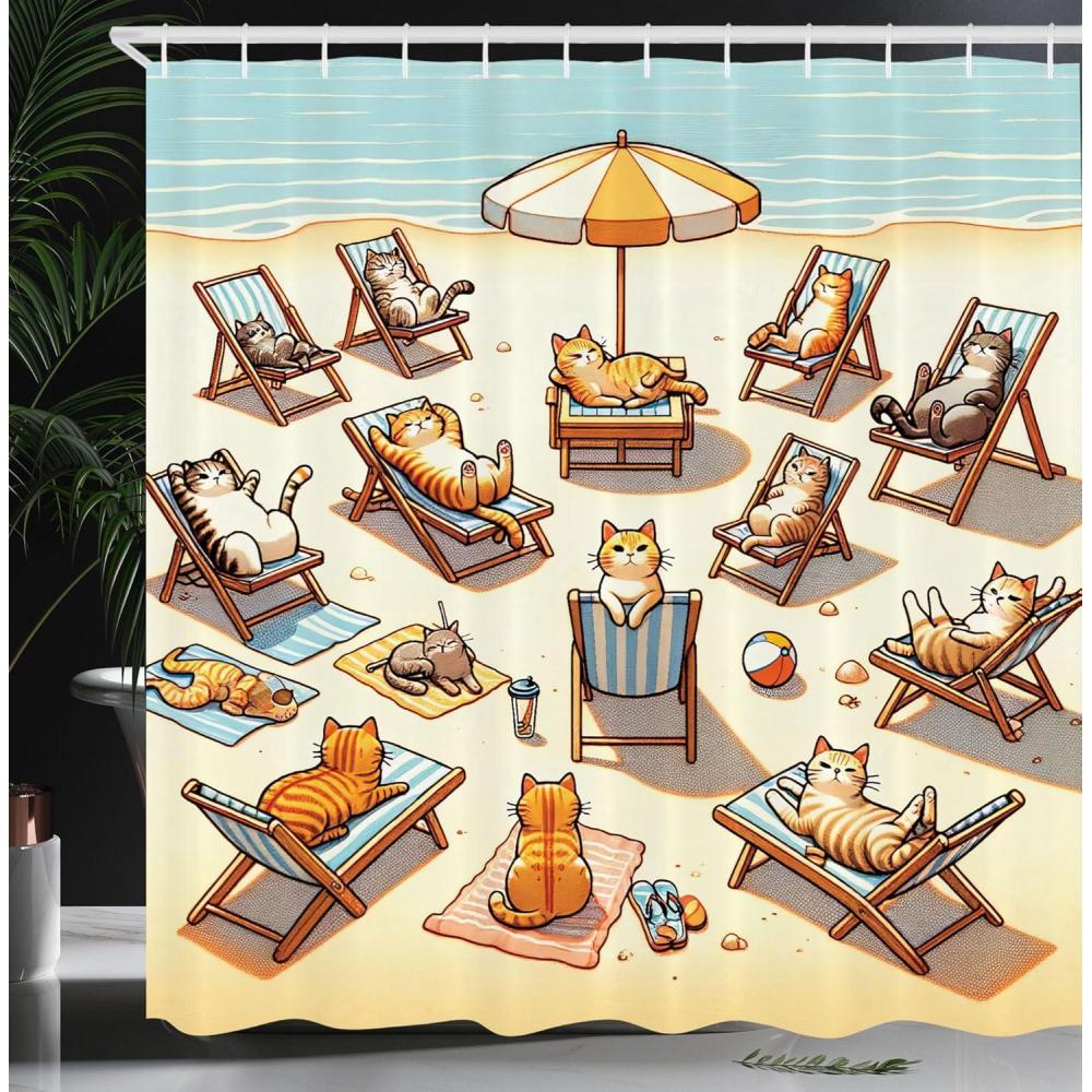 imageAmbesonne Cat Shower Curtain Summer Time Fun Cartoon Sandy Beach Scene with Happy Kittens in Sun Beds Cloth Fabric Bathroom Decor Set with Hooks 69 W x 70 L Beige Orange Pale Blue