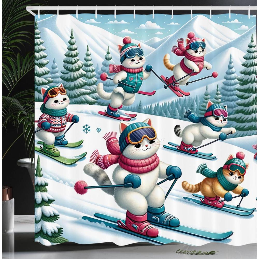 imageAmbesonne Cat Shower Curtain Winter Themed Cartoon of Skiing Kitty Friends Snowy Mountain Pine Trees Cloth Fabric Bathroom Decor Set with Hooks 69 W x 70 L Pale Blue Raspberry White