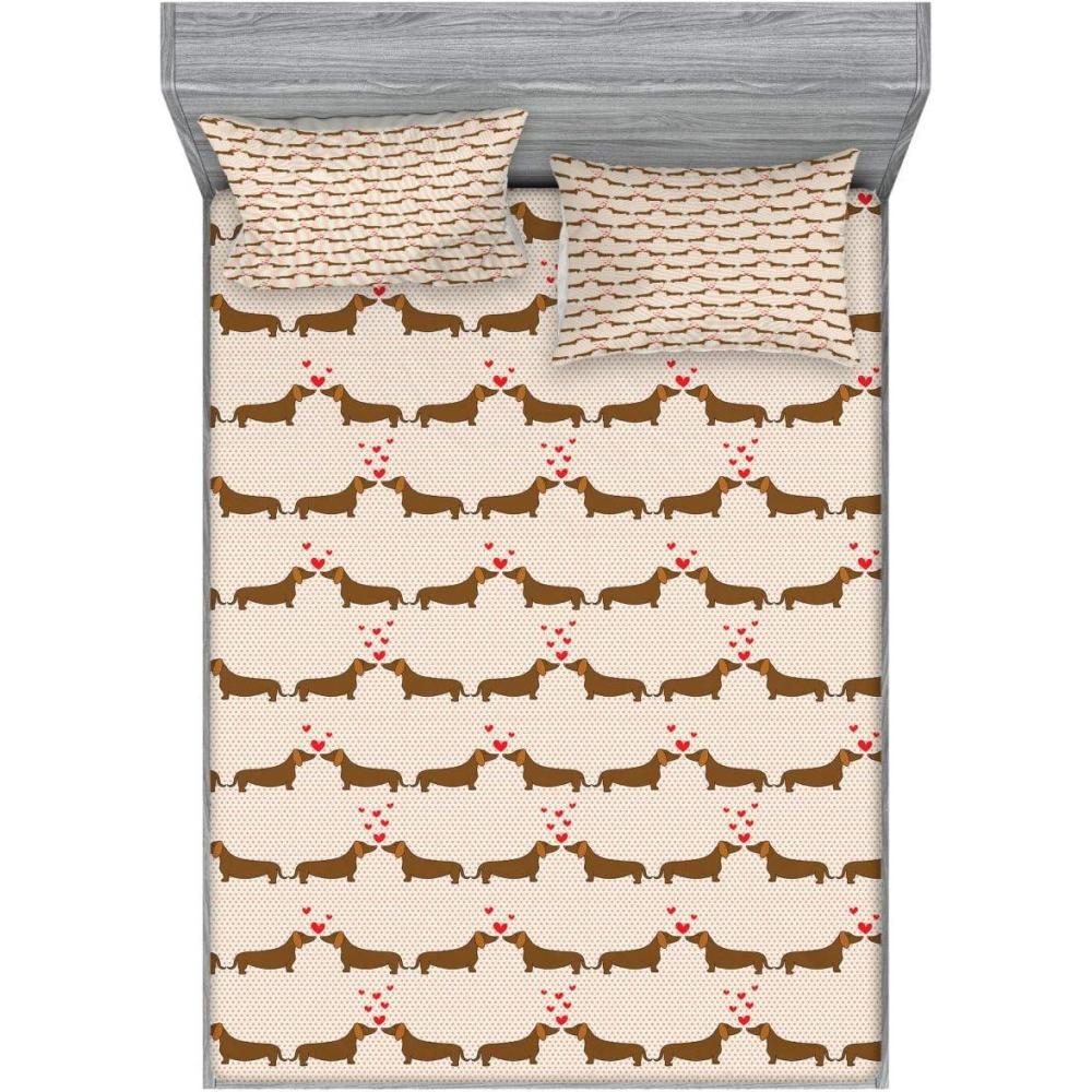 imageAmbesonne Dachshund Fitted Sheet amp Pillow Sham Set Cartoon Sausage Dogs in Love on Polka Dotted Backdrop Decorative Printed 3 Piece Bedding Decor Set Queen Chocolate Vermilion