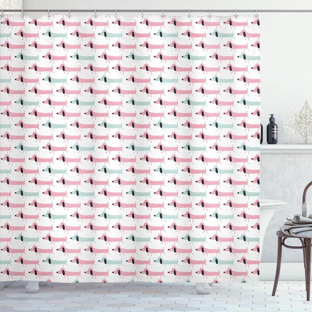 imageAmbesonne Dachshund Shower Curtain Pattern with Funny Cartoon Sausage Dogs Cloth Fabric Bathroom Decor Set with Hooks 69 W x 70 L Seafoam Pink
