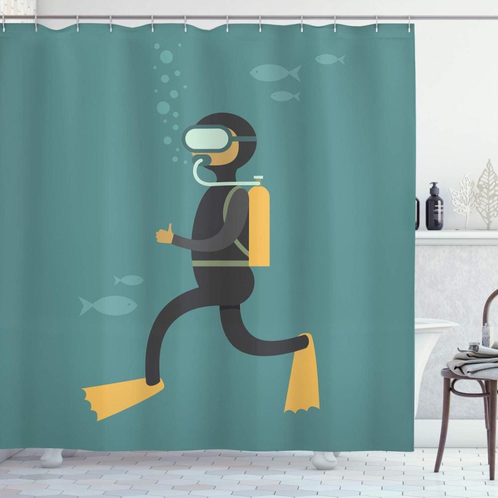 imageAmbesonne Diver Shower Curtain Cartoon Interpretation of a Man Underwater Simplistic Drawing Graphic Cloth Fabric Bathroom Decor Set with Hooks 69 W x 75 L Cadet Blue and Dark Grey