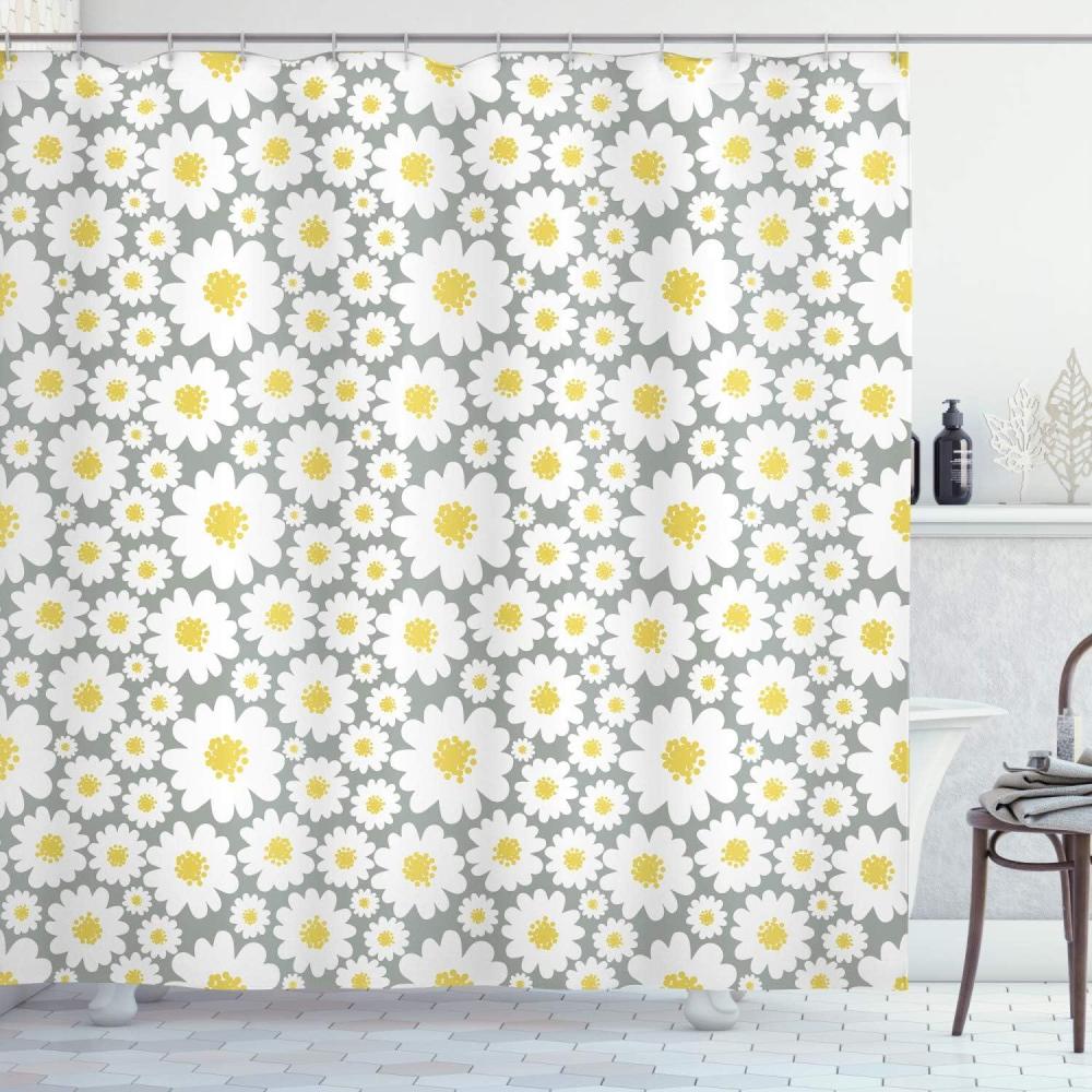 imageAmbesonne Floral Shower Curtain Cartoon Like Flowers Daisies Spring Time Season Pollens Artwork Print Cloth Fabric Bathroom Decor Set with Hooks 69 W x 70 L Grey Yellow
