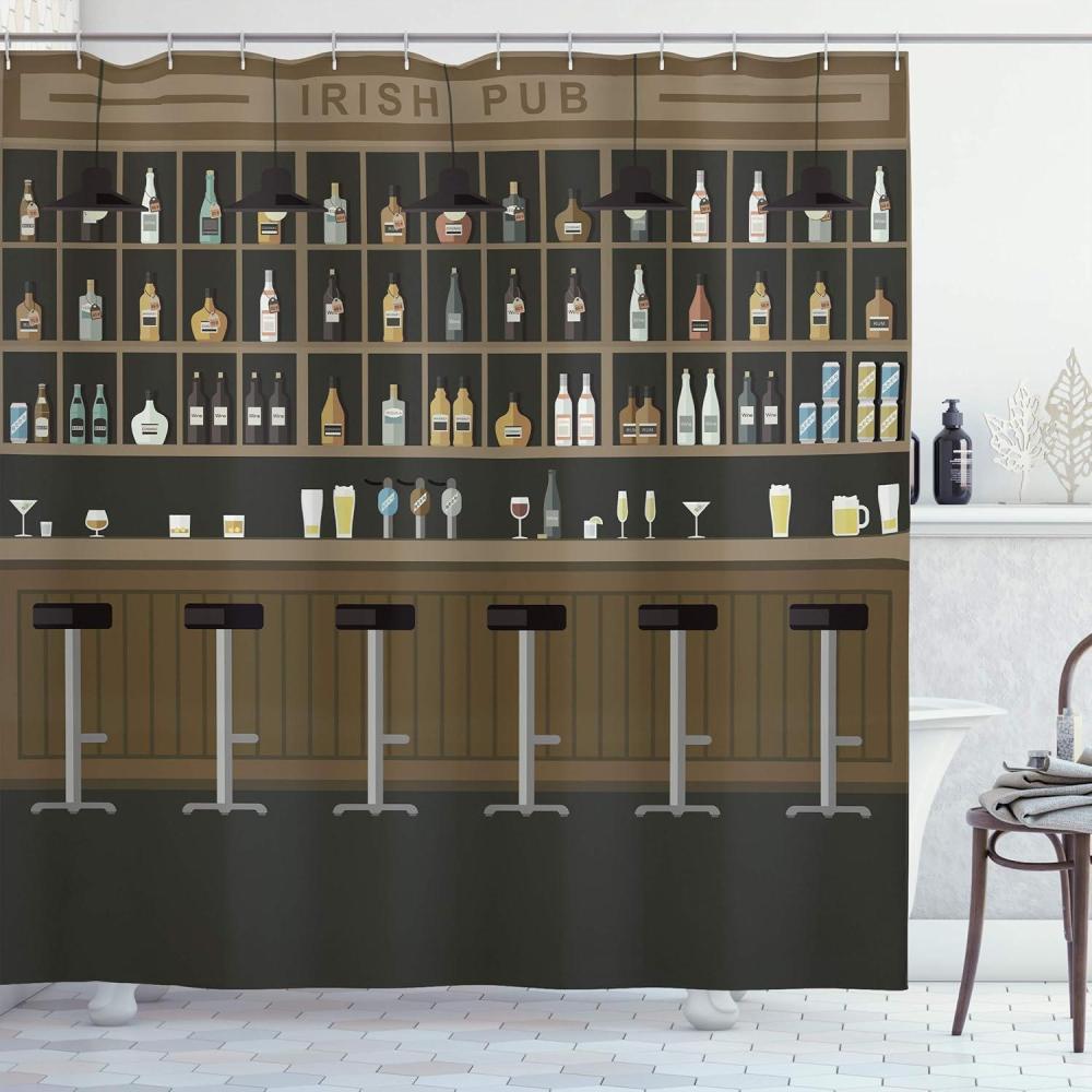 imageAmbesonne Irish Pub Shower Curtain Cartoon Illustration of Bar Restaurant with Stools Bottles and Cocktails Cloth Fabric Bathroom Decor Set with Hooks 69 W x 70 L Taupe Brown