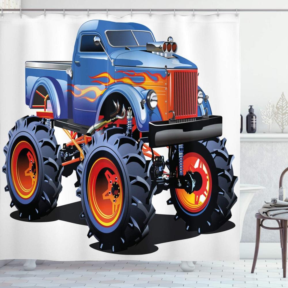 imageAmbesonne Man Cave Shower Curtain Cartoon Monster Truck Illustration on Plain Backdrop Classic Adventure Car Auto Cloth Fabric Bathroom Decor Set with Hooks 69 W x 75 L Multicolor