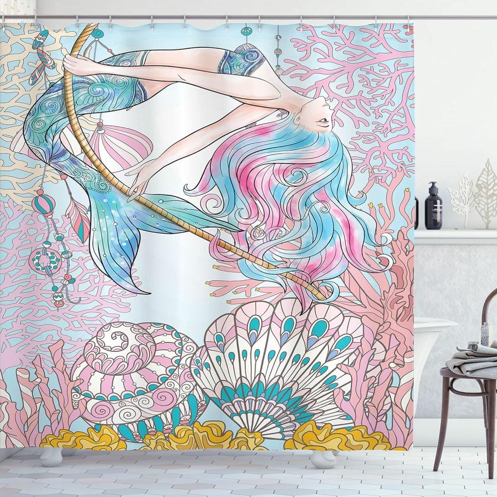 imageAmbesonne Mermaid Shower Curtain Cartoon Woman in Sea Sirens of Greek Myth Female Human Tail of Fish Image Cloth Fabric Bathroom Decor Set with Hooks 69 W x 70 L Pink Blue