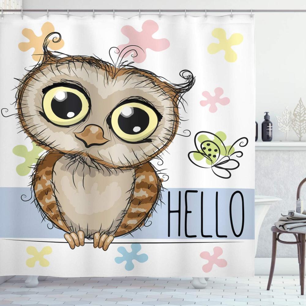imageAmbesonne Owls Shower Curtain Cartoon Owl and a Butterfly on Floral Background Hello Message Illustration Cloth Fabric Bathroom Decor Set with Hooks 69 W x 70 L Rose Cadet Blue BrownRose Cadet Blue Brown
