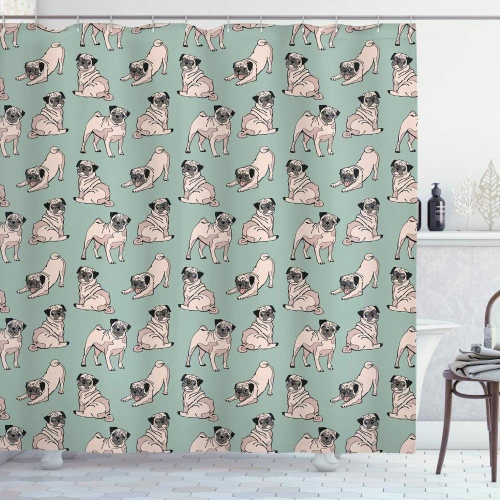 imageAmbesonne Pug Shower Curtain Dogs Various States Sitting Standing Stretching Cartoon Style Pet Drawing Cloth Fabric Bathroom Decor Set with Hooks 69 W x 70 L Turquoise