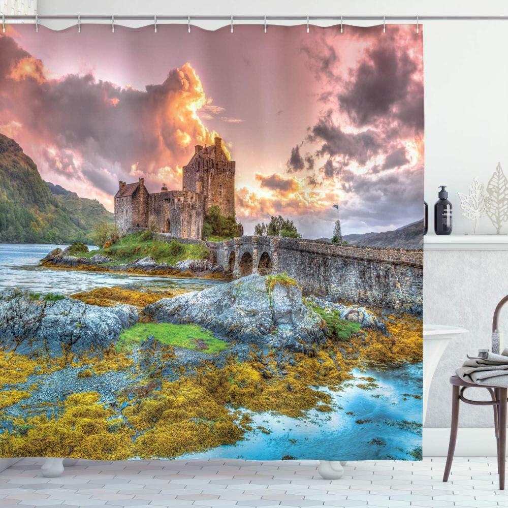 imageAmbesonne Scenery Shower Curtain Dreamy Times Middle Age Inspired Cartoon Castle Near Lake Stones Moss Cloth Fabric Bathroom Decor Set with Hooks 69 W x 75 L Multicolor Earth Yellow