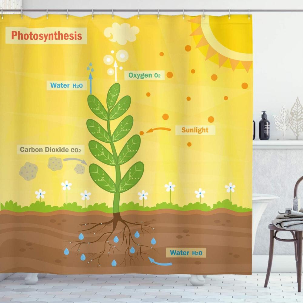 imageAmbesonne Science Shower Curtain Cartoon Photosynthesis Oxygen Carbon Dioxide Sunlight and Water Cloth Fabric Bathroom Decor Set with Hooks 69 W x 70 L Earth Yellow Green Umber
