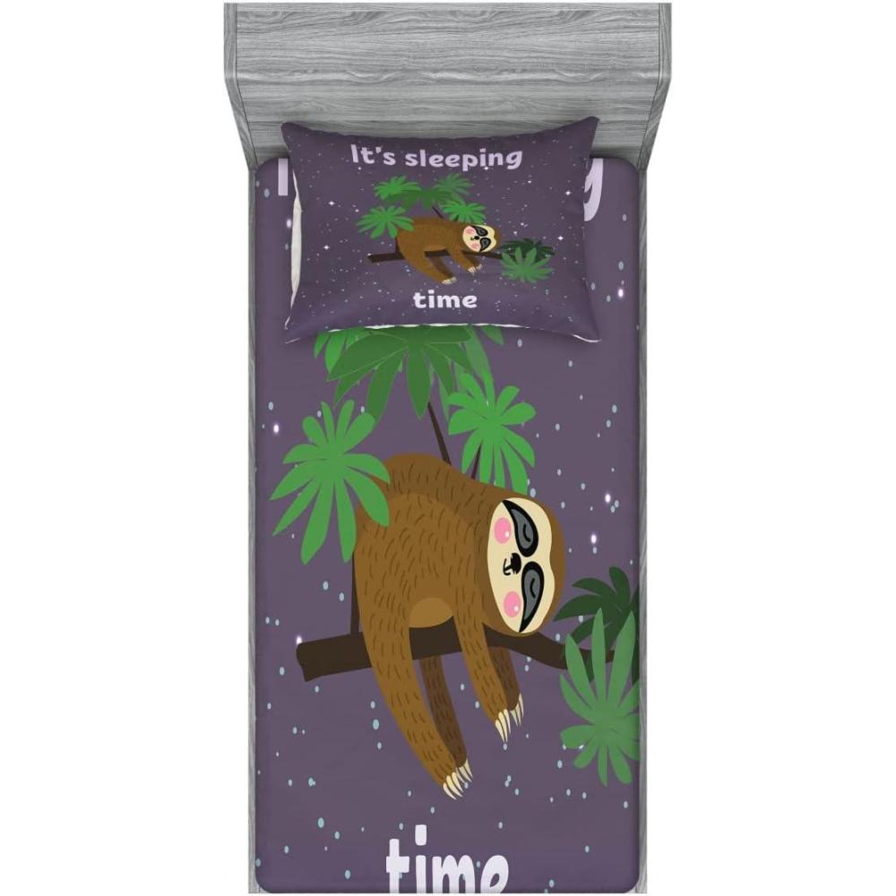 imageAmbesonne Sloth Fitted Sheet amp Pillow Sham Set Cartoon Character Sleeping on Branch Jungle Animal in Night Sky Kids Theme Decorative Printed 2 Piece Bedding Decor Set Twin Plum BrownPlum Brown
