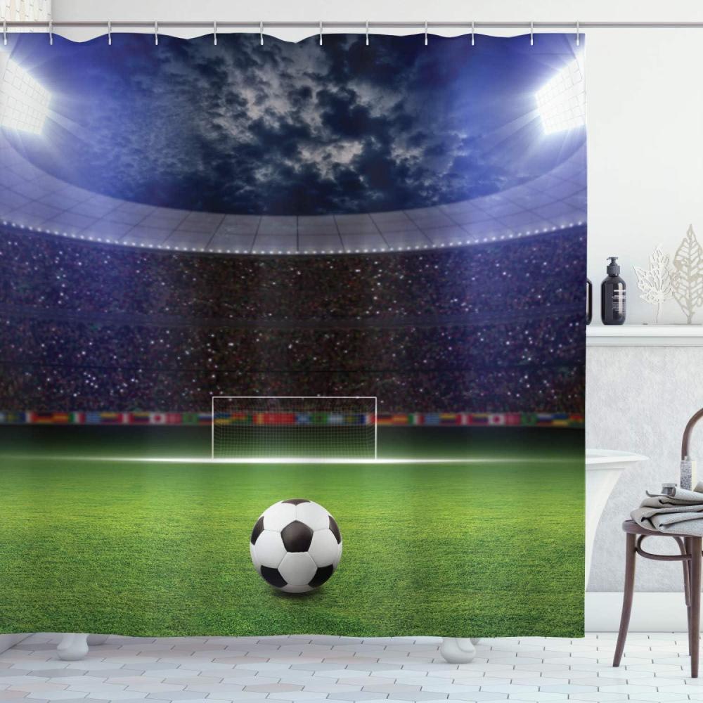 imageAmbesonne Sports Shower Curtain Cartoon Soccer Balls Showing Various Expressions Bored Laughing Happy Smiley Cloth Fabric Bathroom Decor Set with Hooks 69 W x 75 L White BlackNavy Blue Green