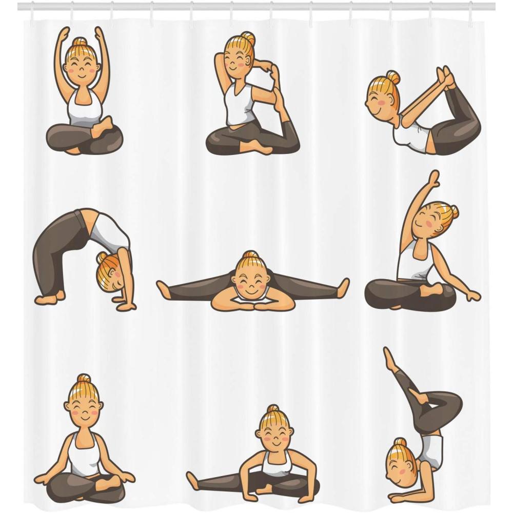 imageAmbesonne Sports Theme Shower Curtain Cartoon Scene of Happy Young Lady Doing Poses of Calm Exercise Cloth Fabric Bathroom Decor Set with Hooks Taupe White and Dark Peach