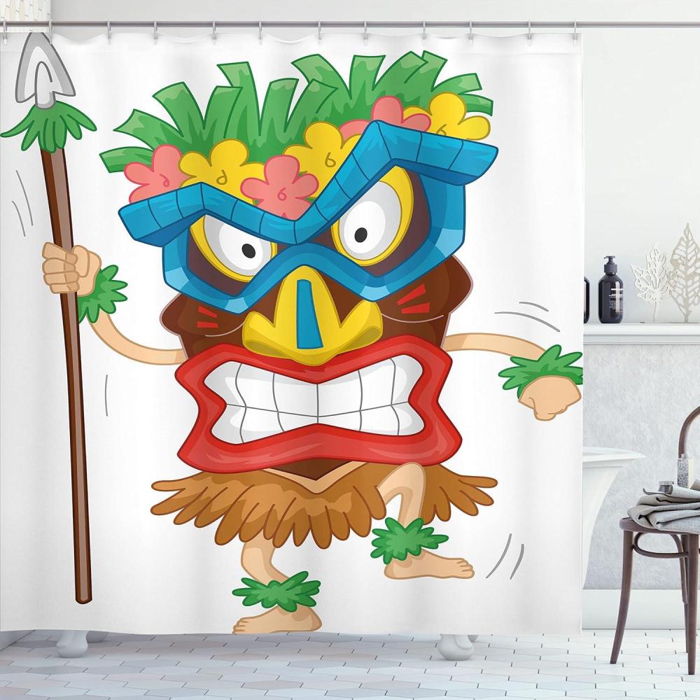 imageAmbesonne Tiki Bar Shower Curtain Native Man Wearing a Illustration Cartoon Tribal Costume Prehistoric Cloth Fabric Bathroom Decor Set with Hooks 69 W x 70 L Brown Blue Green