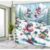 Ambesonne Cat Shower Curtain, Winter Themed Cartoon of Skiing Kitty Friends Snowy Mountain Pine Trees, Cloth Fabric Bathroom Decor Set with Hooks, 69″ W x 70″ L, Pale Blue Raspberry White