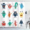 Ambesonne Alien Shower Curtain, Monsters Funny Silly Faces Cartoon, Cloth Fabric Bathroom Decor Set with Hooks, 69″ W x 70″ L, Dark Seafoam Dark Salmon Deep Sky Blue and Pale Vermilion