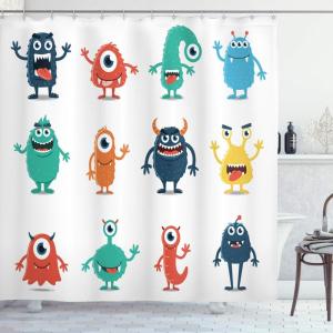Ambesonne Alien Shower Curtain, Monsters Funny Silly Faces Cartoon, Cloth Fabric Bathroom Decor Set with Hooks, 69″ W x 70″ L, Dark Seafoam Dark Salmon Deep Sky Blue and Pale Vermilion